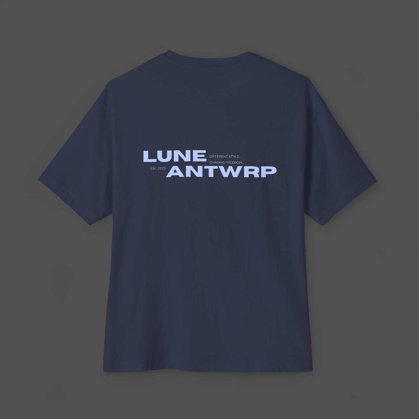 lune-antwerp graphic oversized navy tee.